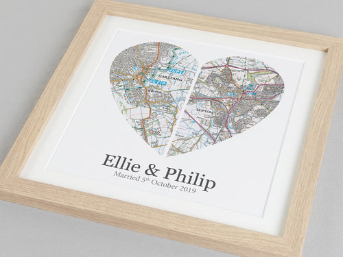 Custom Split Heart Map Print | Wedding & Anniversary Gift | Personalized Couples Wall Art